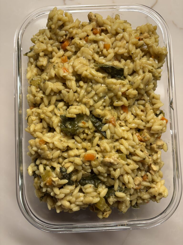 Glass Container Of Chicken And Orzo